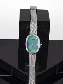 CHICVUE Oval-Shaped Mother Of Pearl Dial Woven Mesh Strap Waterproof Quartz Watch With Silver Shell Gifts - Green - View 5