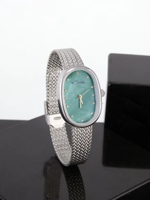 CHICVUE Oval-Shaped Mother Of Pearl Dial Woven Mesh Strap Waterproof Quartz Watch With Silver Shell Gifts - Green - View 1