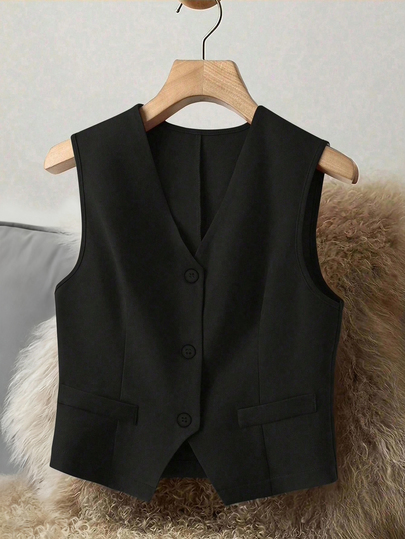 Plus Size Women Elegant Sleeveless V-Neck Blazer Jacket, Fashionable Front Button Vest Coat, Suitable For All Seasons Black Summer