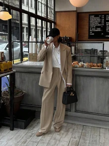 Casual Elegant Khaki Long Sleeve Blazer Jacket + Straight Leg Pants, Women 2 Pieces Set - Camel - View 1