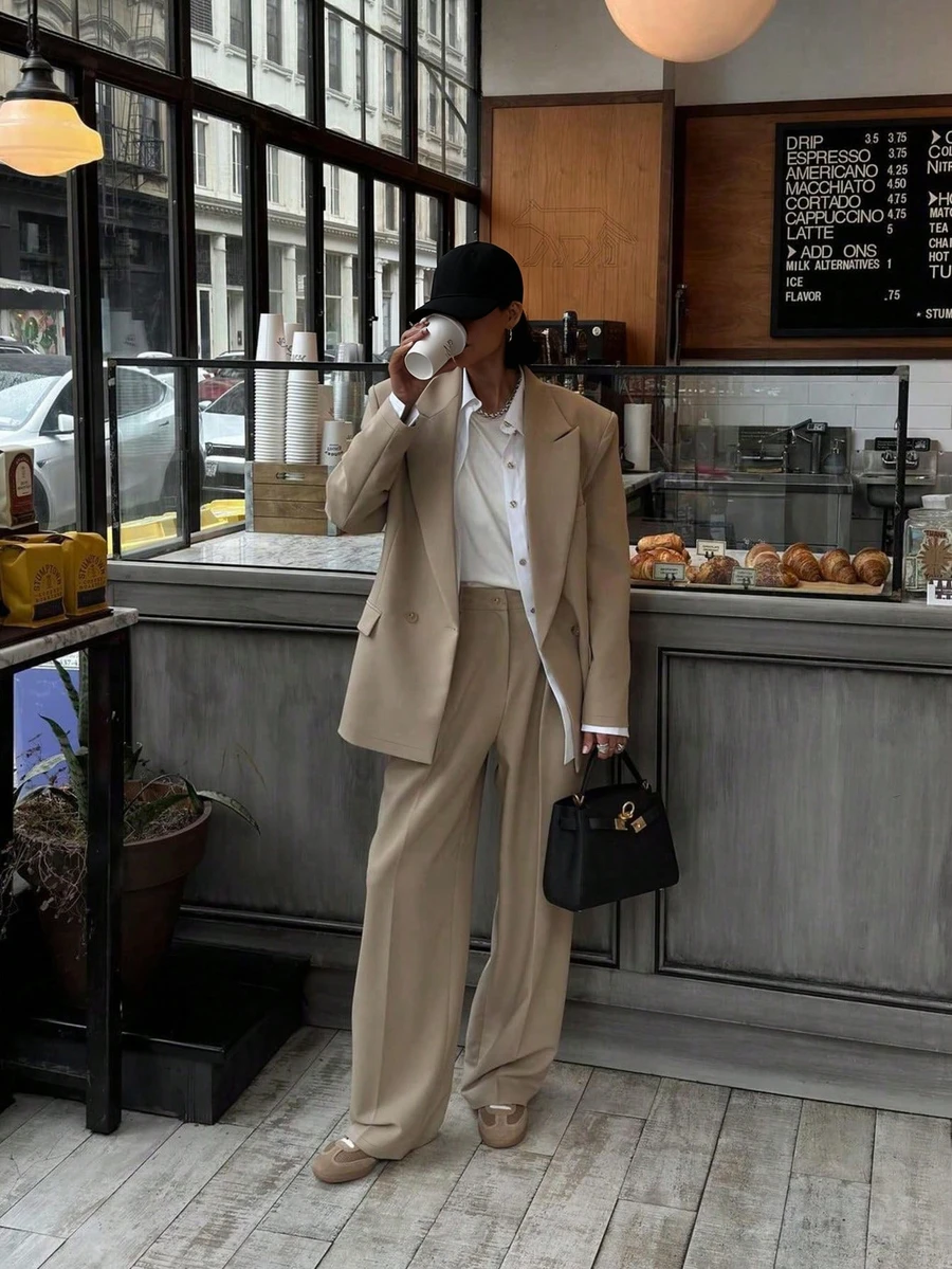 Casual Elegant Khaki Long Sleeve Blazer Jacket + Straight Leg Pants, Women 2 Pieces Set - Camel - View 1