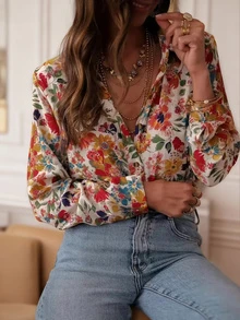 大码女装度假气质优雅花卉印花长袖单排扣休闲宽松衬衫