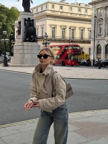 Women's Fashion Casual Double-Breasted Long Sleeve Jacket - Khaki - View 3