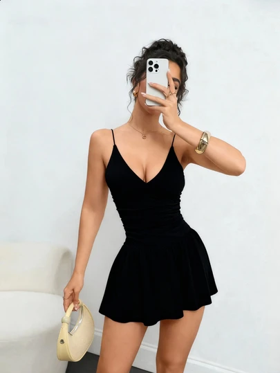 Vestido mini de punto de unicolor con pantalones cortos de seguridad para mujeres, informal, sexy, apto para vacaciones, calle, ir y venir