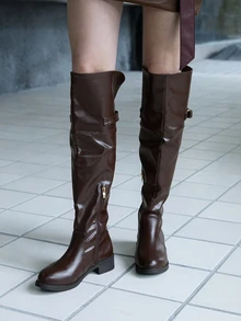 CHICVUE 女士棕色百搭复古时尚厚底过膝平底靴，柔软皮革鞋面舒适易打理，轻薄保暖内衬，方便冬季穿着，套穿式设计，搭扣和侧拉链设计优雅大方，高筒靴修饰腿型，适合多种场合，圣诞礼物佳选。