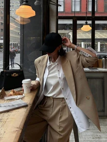 Casual Elegant Khaki Long Sleeve Blazer Jacket + Straight Leg Pants, Women 2 Pieces Set - Camel - View 2