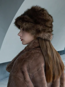 CHICVUE 1pc Faux Fox Fur Bucket Hat, Faux Mink Fur Thick & Versatile High-End Fashion Cap Gifts - Brown Hair - View 2