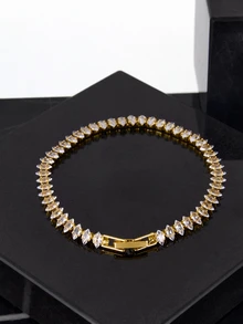 CHICVUE 2.5*5mm Horse Eye Cubic Zirconia Tennis Bracelet, Unisex, Simple Style Gifts - Gold - View 2