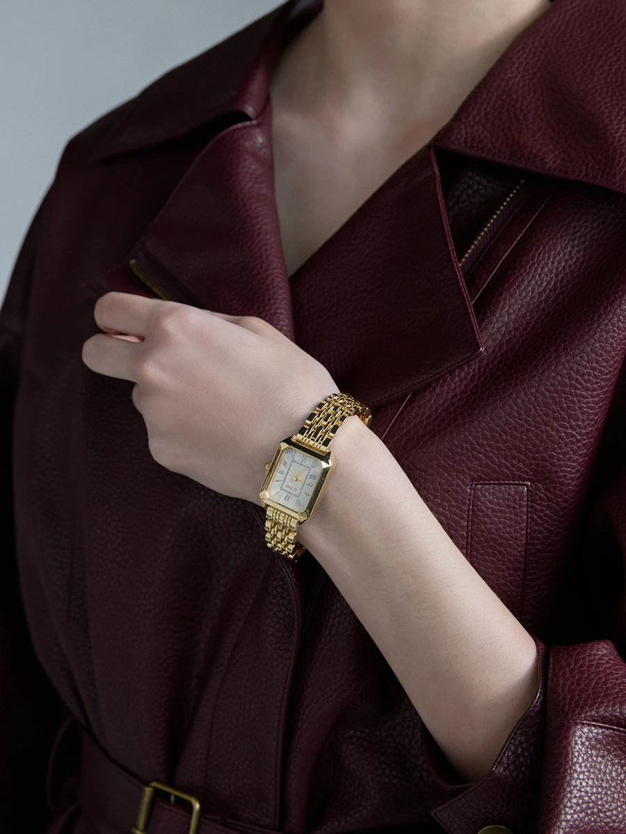 CHICVUE 1件装女士时尚小巧矩形表盘条形刻度钢表带复古石英表，适合日常佩戴，生日礼物，母亲节礼物，复活节礼物，圣诞节礼物 - 金色 - 查看 1