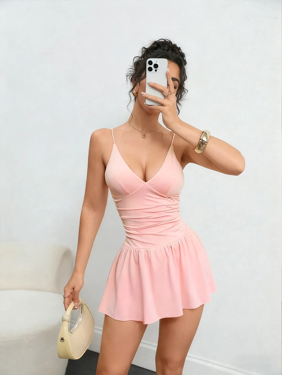 Đầm dệt kim màu trơn dành cho nữ, có quần short bên trong, kiểu dáng giản dị, gợi cảm, thích hợp cho kỳ nghỉ hè, đi làm, màu hồng, thanh lịch. - Hồng - Xem 1