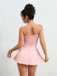 Đầm dệt kim màu trơn dành cho nữ, có quần short bên trong, kiểu dáng giản dị, gợi cảm, thích hợp cho kỳ nghỉ hè, đi làm, màu hồng, thanh lịch. - Hồng - Xem 2