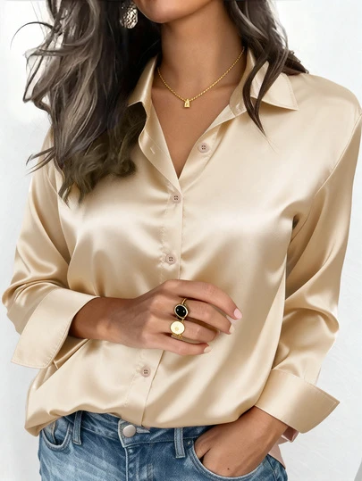 Blusa de satén para mujer, camisa casual con botones y diseño de cuello, elegante para la oficina y uso casual, adecuada para otoño, invierno, primavera y verano