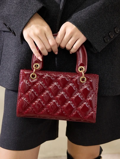1pc PU Leather Handbag, Burgundy Wine Color Bag, Versatile Quilted Patent Leather Tote Bag, Structured Mini Purse, Fashionable Shoulder Crossbody Bag With Geometric Pattern Gifts , Burgundy Bag