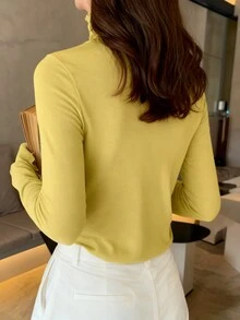 Women Turtleneck Long Sleeve T-Shirt, Tight Fit, Layering Knit Top, Versatile For Autumn/Winter - Yellow - View 2