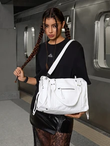 DareSee 女士时尚街头朋克复古单肩包，大容量Y2K辣妹机车手提包，纯素皮革城市通勤包，可拆卸肩带斜挎包，适合日常使用和聚会，是完美的节日礼物，新款女士手提包，音乐节礼物 - 白色 - 查看 3