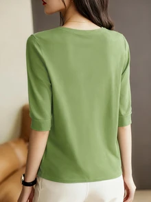 Women's Solid Color V-Neck Short Sleeve Knit T-Shirt, Lightweight, Loose Fit, Slimming, Fashionable, Minimalist, High-End