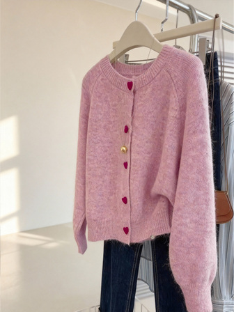 Vintage hjärtformad enfärgad ullblandad kofta med rund hals, minimalistisk och mångsidig, höst/vinter, rosa