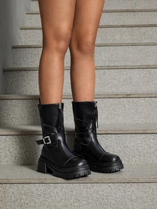 DareSee 秋冬季黑色条纹搭扣前拉链厚底圆头优雅百搭通勤时尚女靴，圣诞礼物 - 黑色 - 查看 1