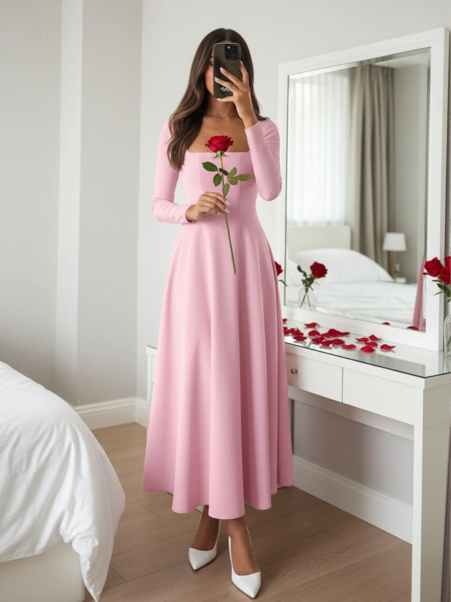 Women Square Neck Solid Color Commute Casual Elegant Dress, Autumn/Winter - Pink - View 1