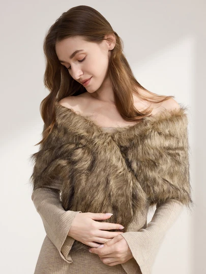 Clariva 女士优雅时尚黑棕色仿毛皮披肩，柔软仿毛皮披肩，适合女性、新娘、参加派对、婚礼、晚宴等场合，亦可作为圣诞礼物
