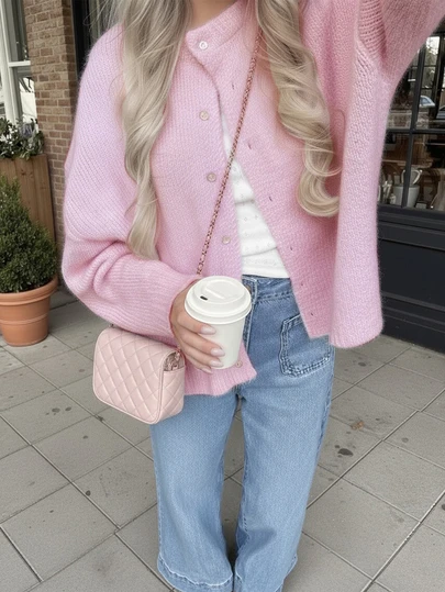 Joy Knit Women's Autumn/Winter Sweater, Fashion New Style - Basic Tops - Sweet Casual Versatile - Solid Color Button Crew Neck Pink Knit Cardigan Sweater Jacket - Office Outfits For Women - Going Out Tops - Party - New Year