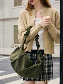 Hatastic 1pc Nylon Fabric Multi-Pocket Dumpling Crossbody Bag, Women Casual Pleated Drawstring Shoulder Bag, Slouchy Bohemian Hobo Bag Gifts