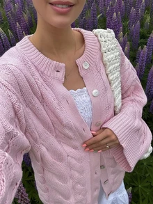 Suéter de punto para mujer de otoño/invierno - Tops básicos - Estilo casual y versátil dulce - Suéter de cárdigan de punto con cuello redondo y botones de unicolor minimalista - Atuendos de oficina para mujer - Tops para salir - Fiesta - Año Nuevo