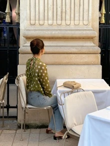 Women's Elegant Casual Fashion Moss Green Polka Dot Pattern Blouse - Bow Tie, Lantern Sleeve, Loose, Pleated, Semi-Sheer Summer - Dark Green - View 5