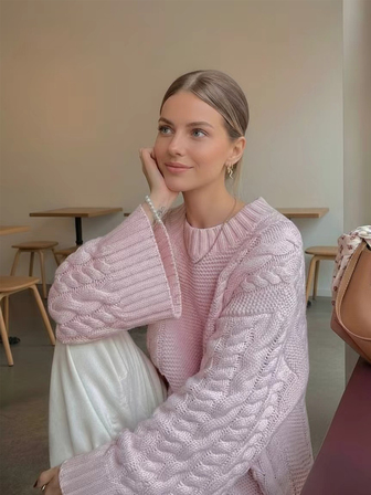 Joy Knit Winter Fashionable New Knitted Top - Minimalist Casual Versatile Style - Gentle Retro Sweet Loose Version - Back To School - Cozy Basic Solid Crew Neck Pullover - Cable Knit Round Neck Sweater - Relaxed Long Sleeve Knit Top - Office Outfits For Women - Going Out Tops - Travel Outfit Airport - Christmas - New Year