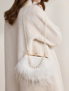 Clariva Fashionable Khaki Flap Chain Fluffy Handbag, Versatile Women's Shoulder Bag For Daily Commute And Phone Pouch Gifts - White - View 4