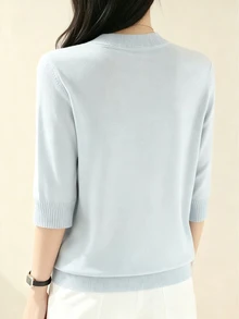 Suéter de cuello media tortuga de punto para mujer, suelto, de moda, elegante, para primavera y otoño - Celeste - Ver 2