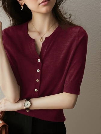 Women's Solid Color V-Neck Short Sleeve Knit T-Shirt, Lightweight, Loose Fit, Slimming, Fashionable, Minimalist, High-End