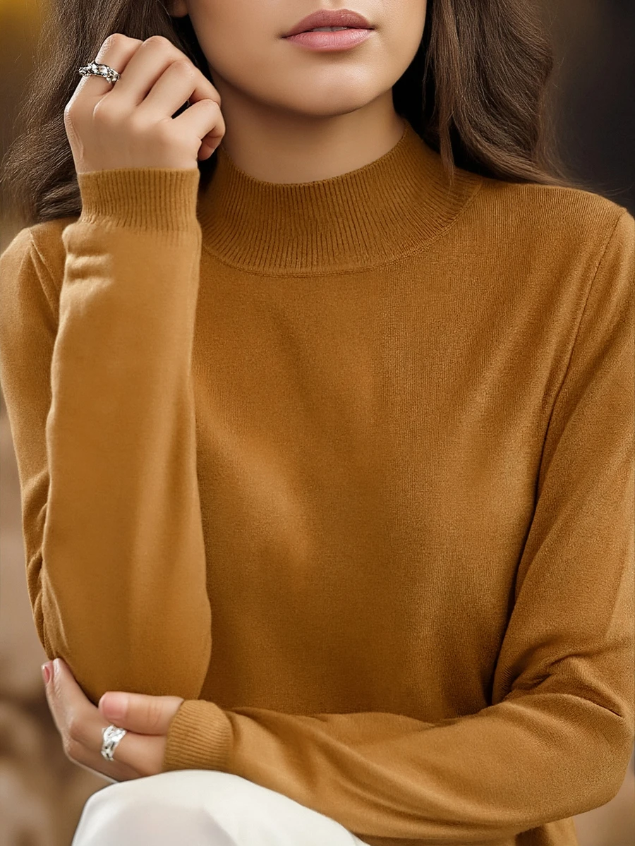 New Turtleneck Knitted Sweater For Women, Tight Fitted, Versatile Autumn/Winter Base Layer - Brown - View 1