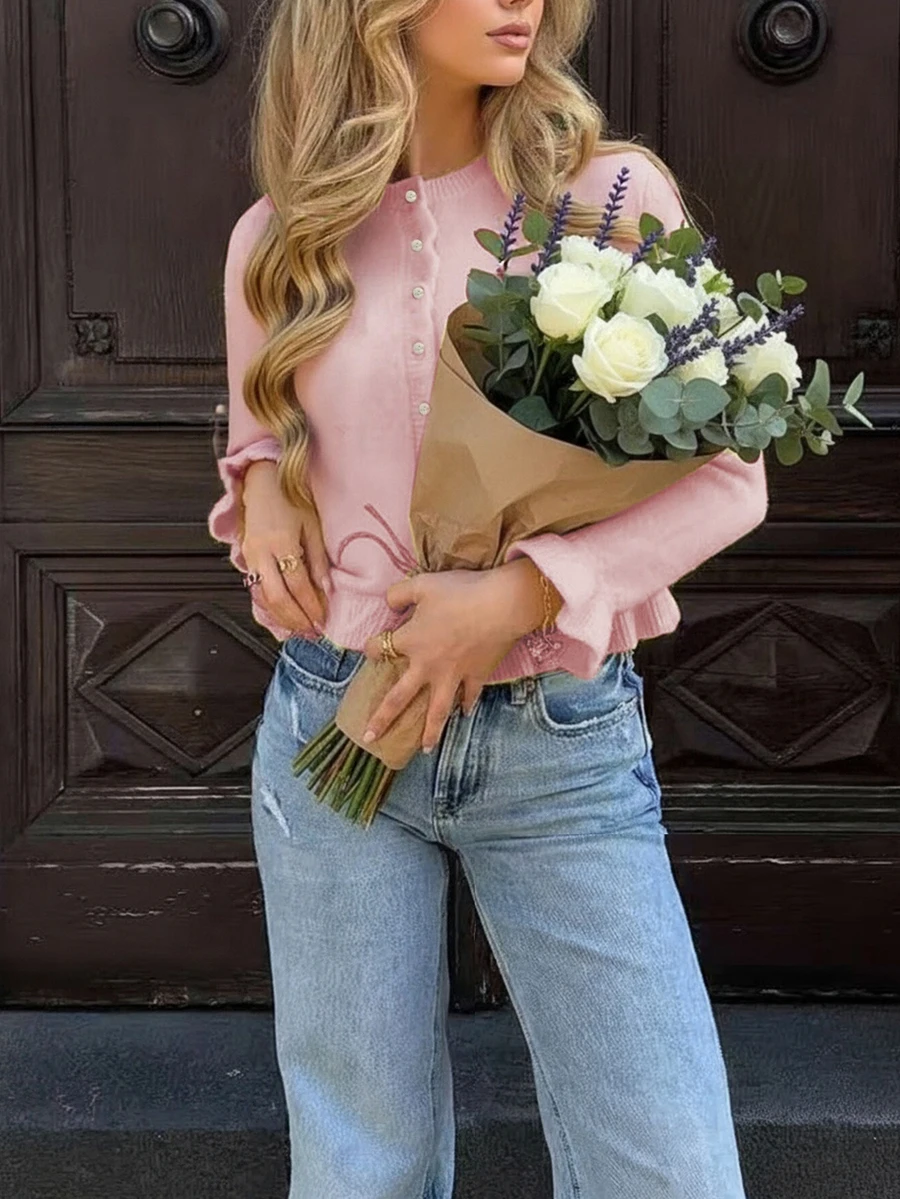 Cardigan en tricot pour femmes, automne/hiver, nouvelle arrivée - rentrée scolaire - style mode minimaliste casual de base, Top avec boutons, ourlet volant asymétrique, poignets en tricot ajusté, pour le bureau, la sortie, les voyages, le Nouvel An, Noël