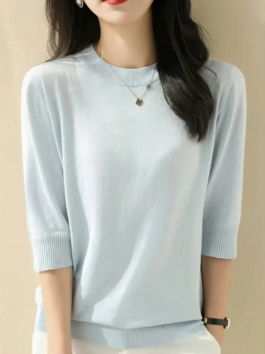 Suéter de cuello media tortuga de punto para mujer, suelto, de moda, elegante, para primavera y otoño - Celeste - Ver 1
