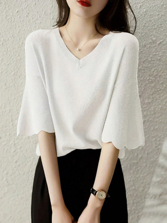 精美美利奴羊毛 V 领短袖女式冰丝针织上衣，喇叭袖宽松休闲薄款 T 恤，纯色