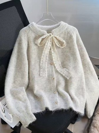 Lace-Up Tie Beige Women's Autumn Sweater, Short Knitted Cardigan With Golden Buttons, Minimalist & Versatile