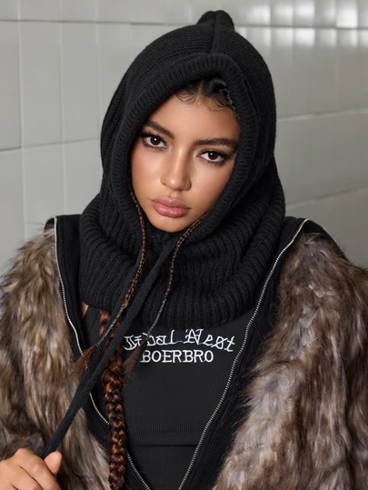 DareSee قبعة بلاكلافا سوداء للنساء بسحاب قابل للإزالة 1 قطعة/2 قطعة، وشاح رقبة دافئ مصنوع من خليط الصوف، قناع للتزلج، غطاء وشاح للوجه للاستخدام الخارجي في فصل الشتاء، هدايا عيد الميلاد عشوائية الأنماط