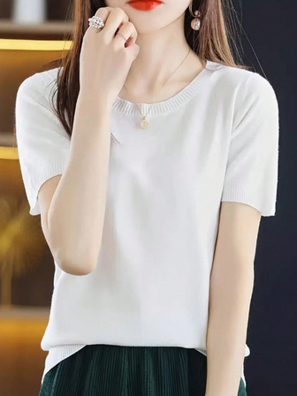 Camiseta de mujer de manga corta y cuello redondo, de punto , holgada y de corte recto, versátil, de manga media, de color liso, para verano