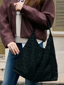 Hatastic Bolso de mano de mujer de estilo casual con estampado de leopardo negro, nueva colección Otoño/Invierno 2025. Juego de 2 piezas de bolso de hombro de cuero sintético PU de gran capacidad, adecuado para uso diario, ir al trabajo, la escuela, estudiantes universitarios, regalos, festivales de música. - Negro - Ver 2