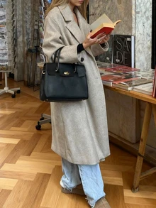 SMILE CHIC 女士时尚优雅杏色长袖翻领双排扣中长宽松大衣，保暖，常规版型 - 卡其色 - 查看 2