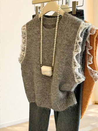 女式纯灰色法式蕾丝拼接背心，冬季百搭针织毛衣背心