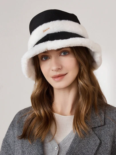Clariva 1顶女士秋冬毛绒拼接渔夫帽，时尚休闲防晒渔夫帽，加厚保暖带护耳内衬，适合日常佩戴，圣诞礼物