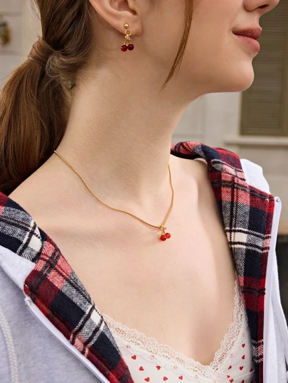 Hatastic 3件套红色樱桃耳环和锁骨链，女士珠宝小众设计礼物，适合情人节、送给女朋友、妈妈、母亲、母亲节、圣诞节的最佳礼物