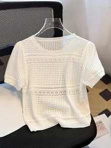 镂空网眼T恤，圆领，修身，纯色，短款，套头衫，时尚简约风格，秋季针织上衣