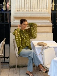 Women's Elegant Casual Fashion Moss Green Polka Dot Pattern Blouse - Bow Tie, Lantern Sleeve, Loose, Pleated, Semi-Sheer Summer - Dark Green - View 4