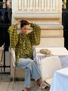 Women's Elegant Casual Fashion Moss Green Polka Dot Pattern Blouse - Bow Tie, Lantern Sleeve, Loose, Pleated, Semi-Sheer Summer - Dark Green - View 3