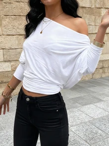 SMILE CHIC Autumn Asymmetric Off Shoulder Long Sleeve T-Shirt, Casual Everyday Wear