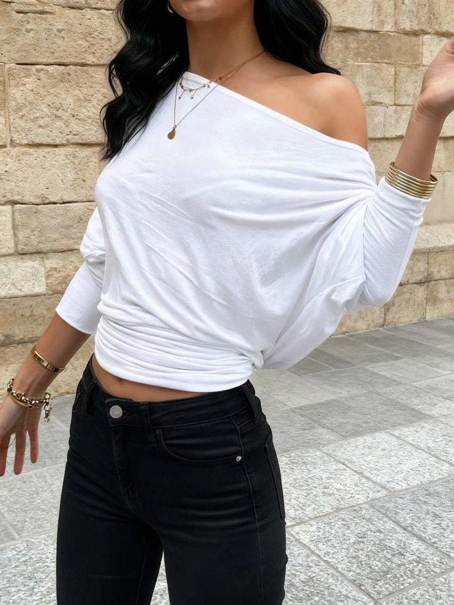SMILE CHIC Autumn Asymmetric Off Shoulder Long Sleeve T-Shirt, Casual Everyday Wear