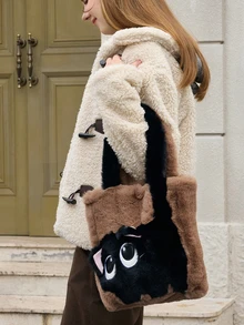 Hatastic 时尚可爱猫咪图案单肩包，秋冬毛绒手提包，卡通撞色大容量斜挎包，完美搭配秋季女装，秋季女装礼物，音乐节必备 - 咖啡棕 - 查看 2